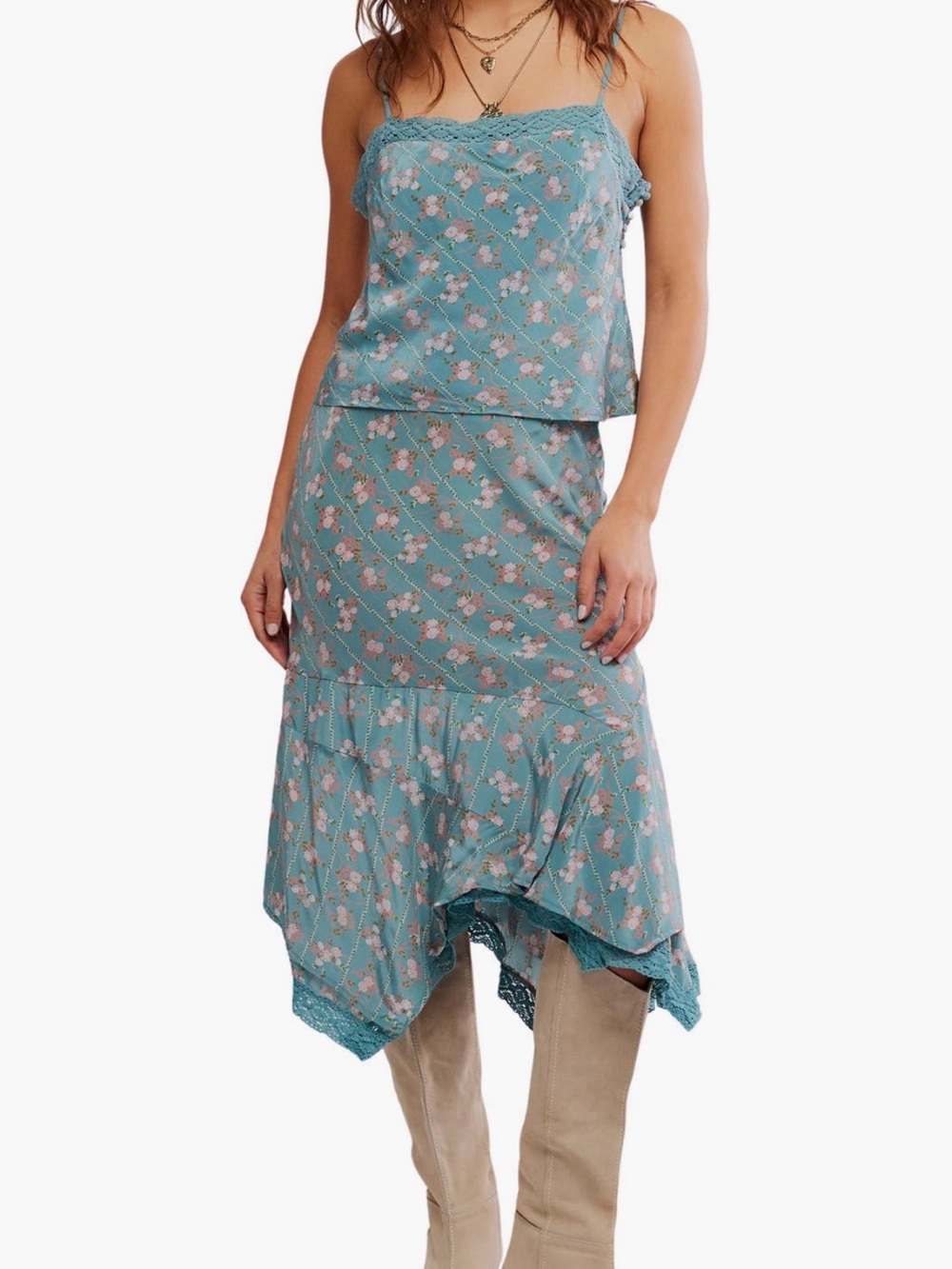 Free People Bali Margot Lace Trim Camisole in Mineral Blue Combo Size XL NWT - Picture 5 of 6